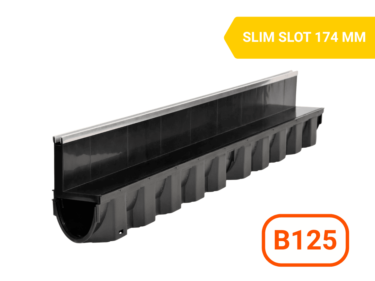 Канал MAX-DRAIN SLIM SLOT, 1000x96x174mm, B125, с пластмасова PP решетка и алуминиев слот