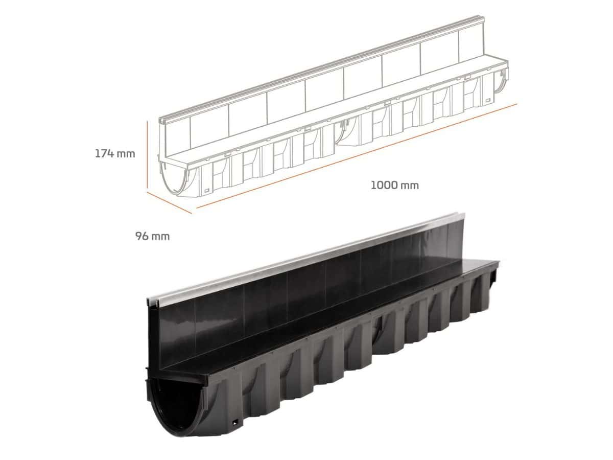 Канал MAX-DRAIN SLIM Slot RG, 1000x96x174mm, B125, с пластмасова решетка и алуминиев слот