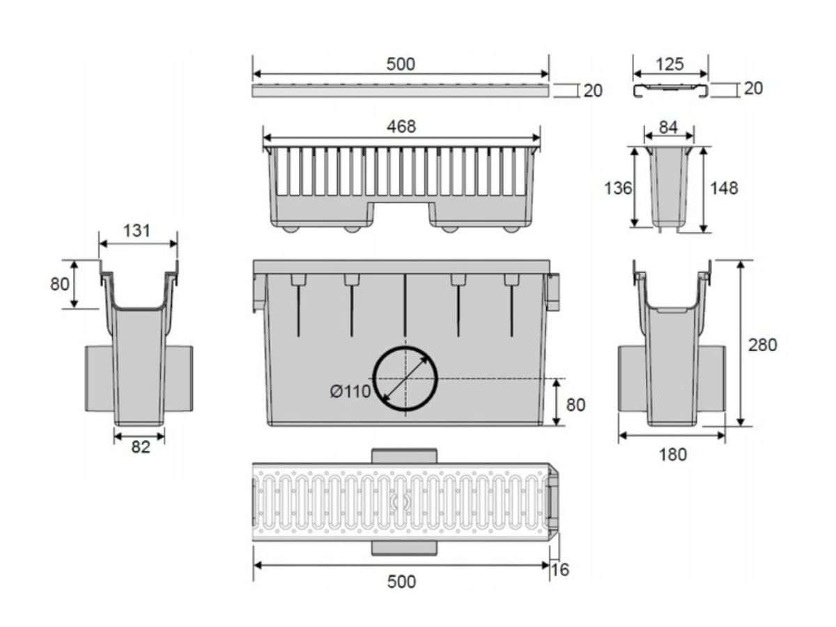 Ревизионна шахта за линеен дренажен канал MAX-DRAIN BASIC, 1000x98мм, с PVC решетка B125 графит