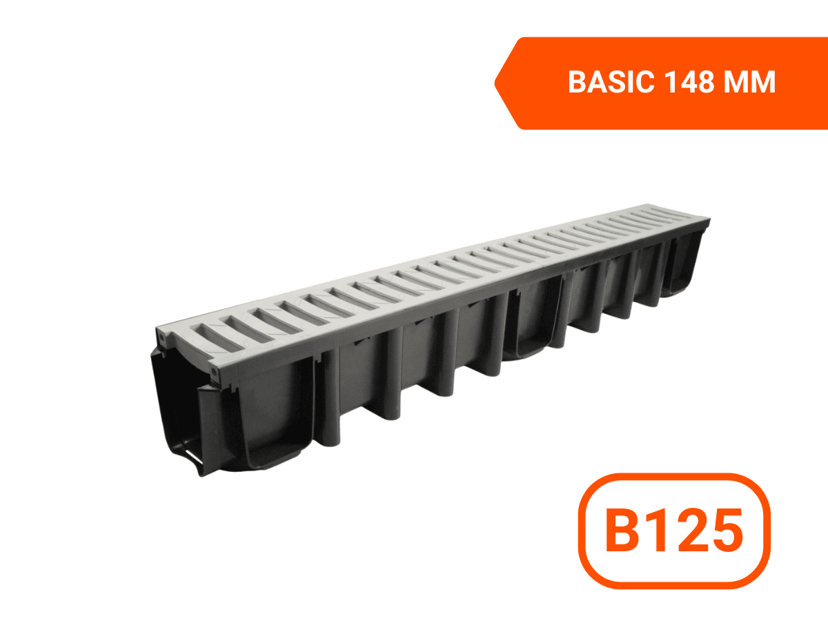 Дренажен канал с PVC решетка B125, 1000x131x148mm, MAX-DRAIN BASIC