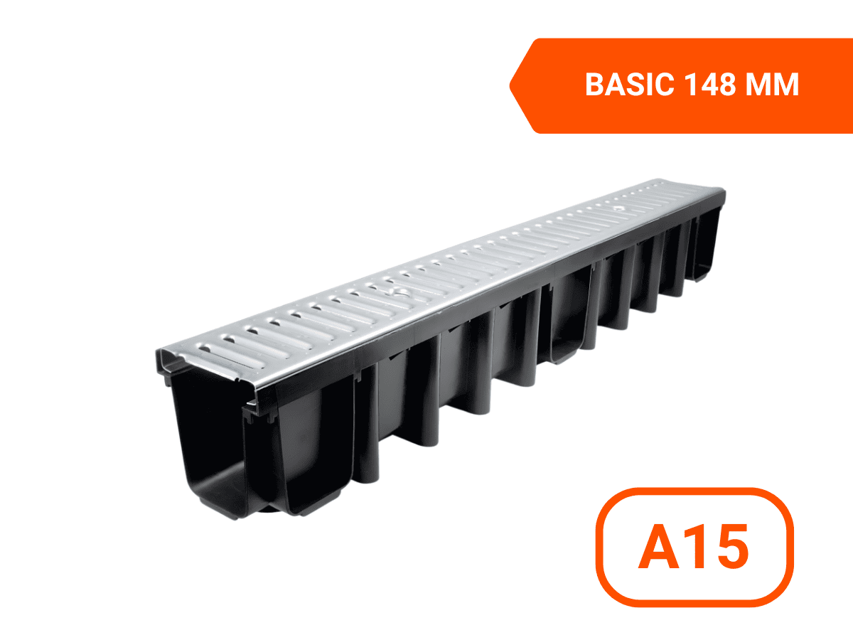 Дренажен канал с поцинкована решетка A15, 1000x131x148mm, MAX-DRAIN BASIC